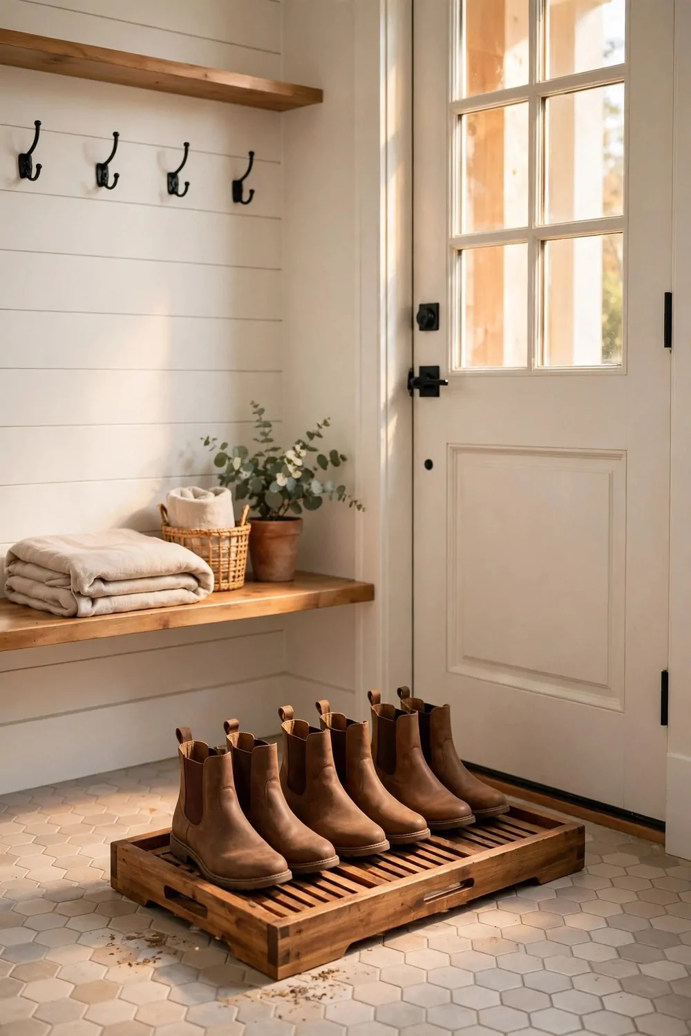 16 Mudroom Ideas for Busy Families With No Space to Spare 4 A wooden boot tray with plain boots by a door in a mudroom, warm light