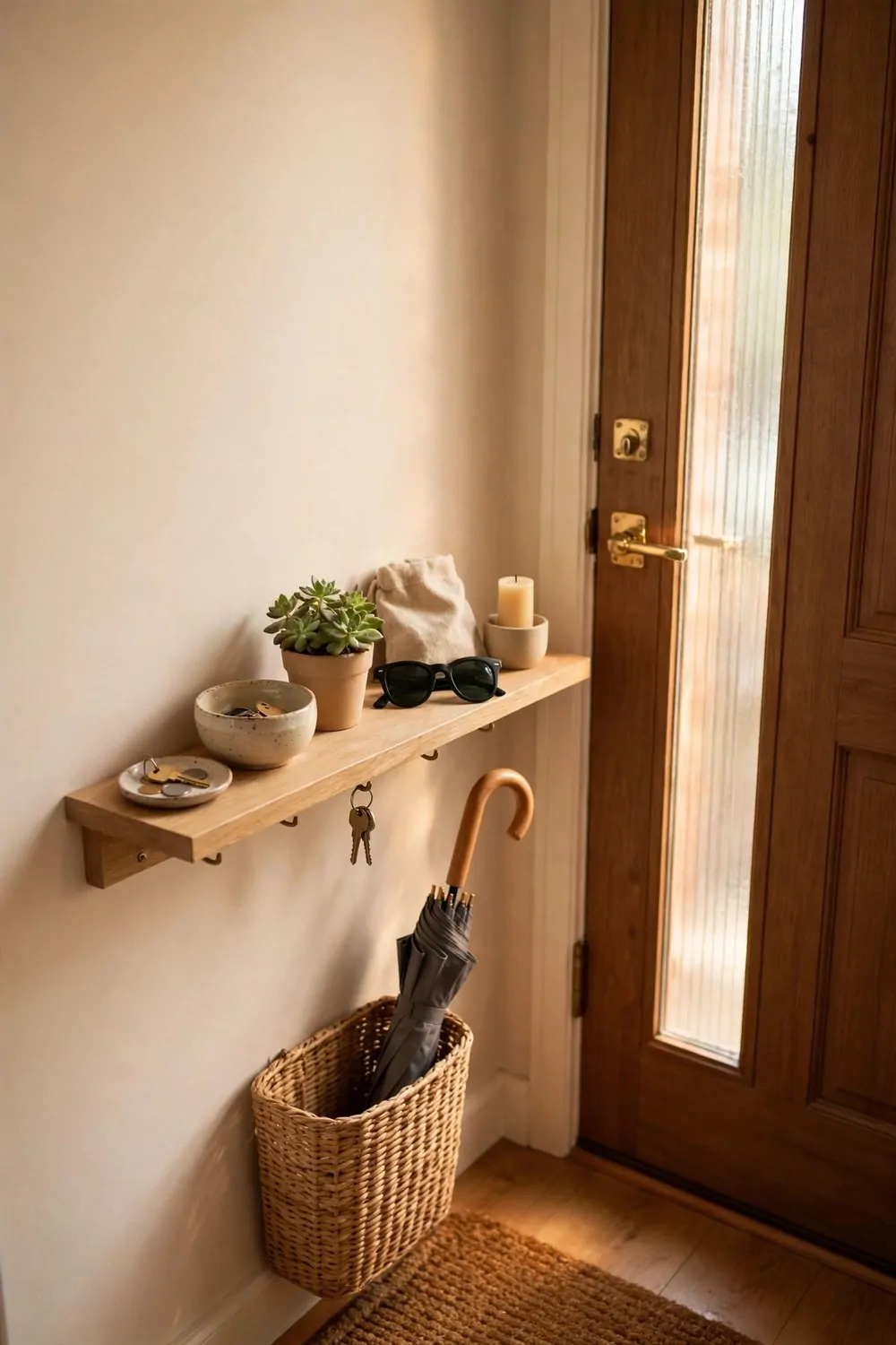 16 Mudroom Ideas for Busy Families With No Space to Spare 5 A slim wooden shelf with keys and small everyday items by a front door, warm light