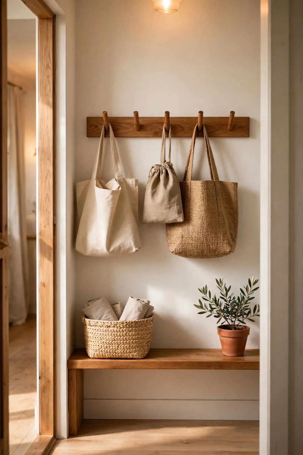 16 Mudroom Ideas for Busy Families With No Space to Spare 6 A wooden peg rail with bags hanging in a small entryway, warm light