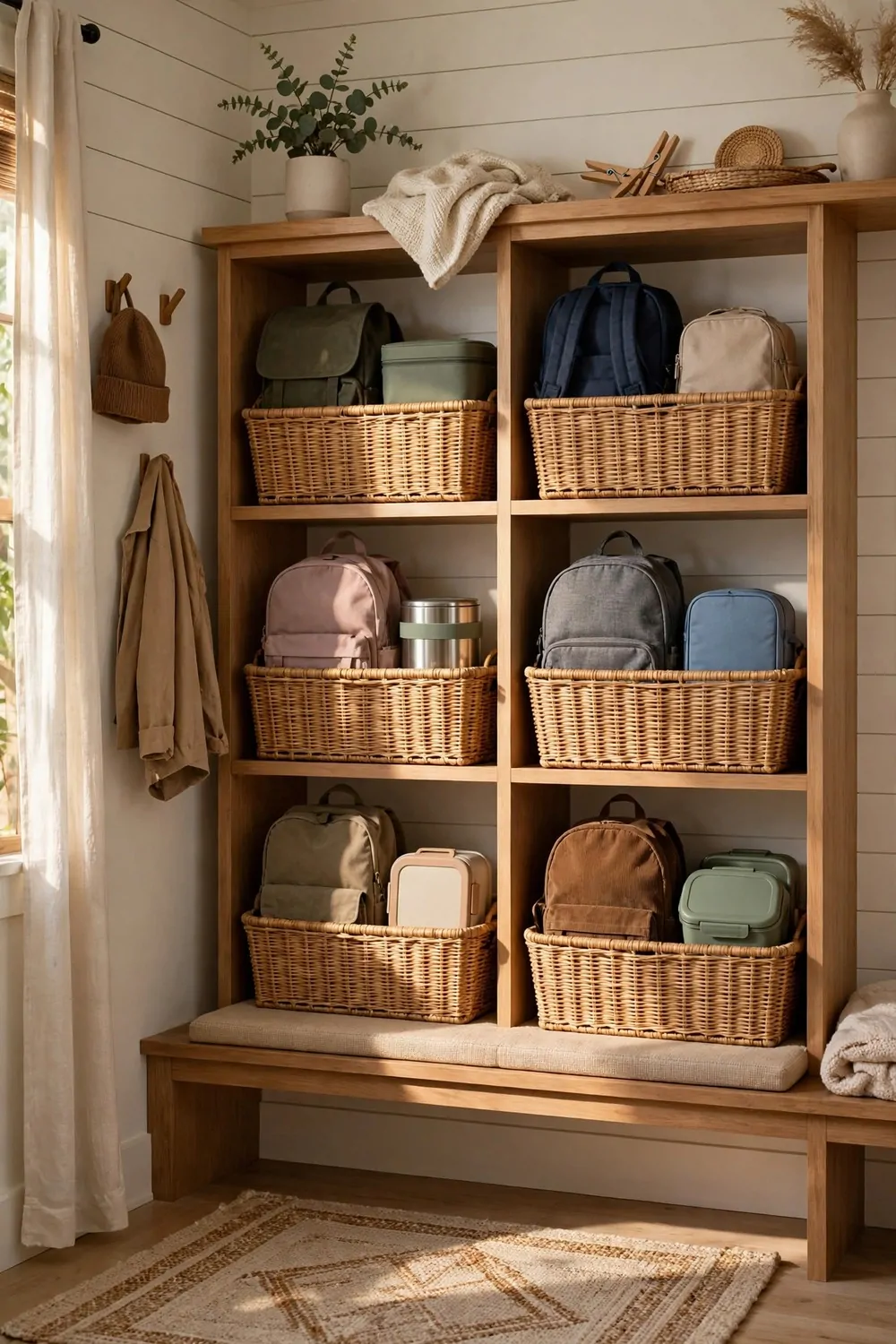 16 Mudroom Ideas for Busy Families With No Space to Spare 7 School bags and lunch boxes in cubby baskets in a mudroom, warm light