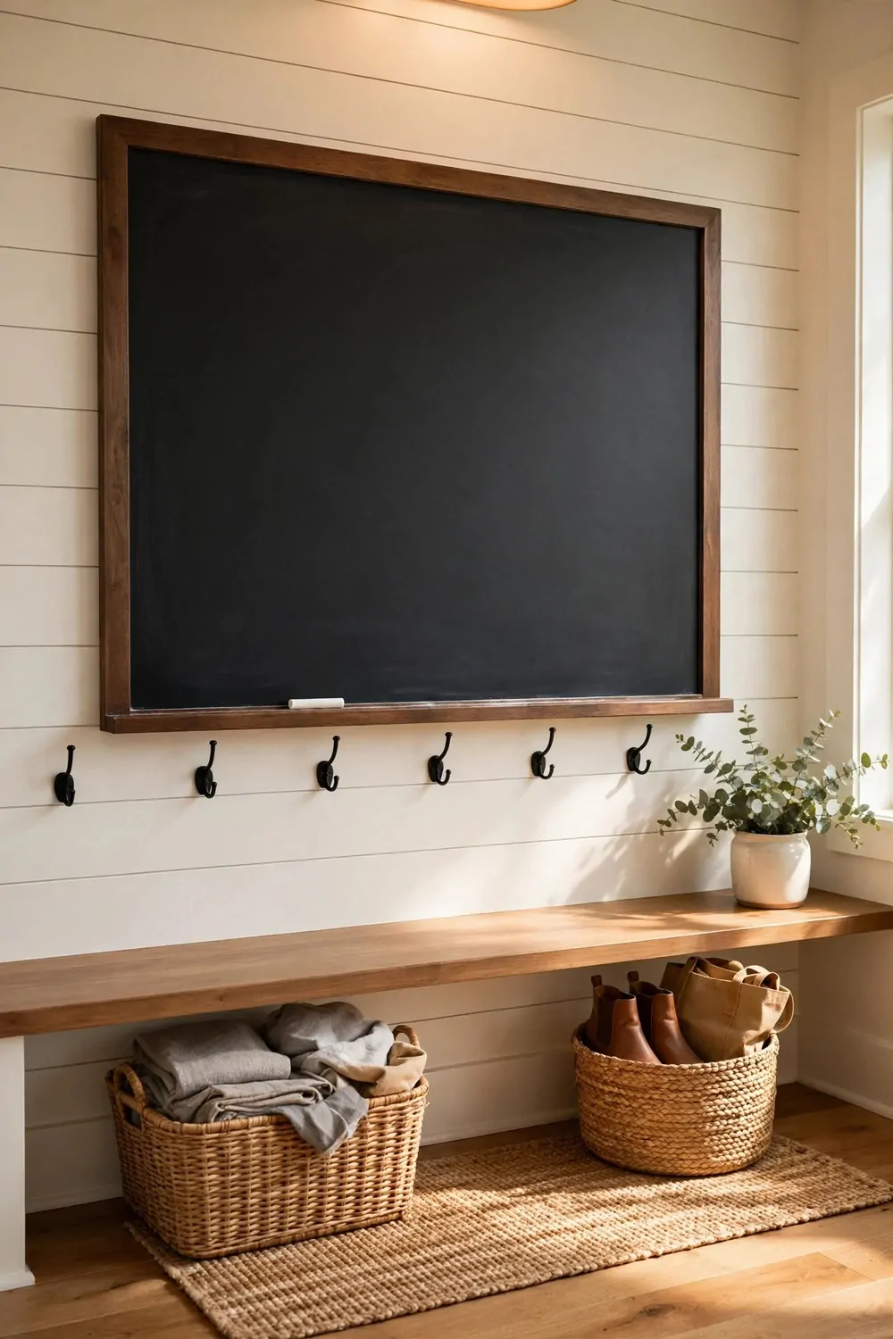 16 Mudroom Ideas for Busy Families With No Space to Spare 8 A blank chalkboard on a mudroom wall with a piece of chalk, warm light