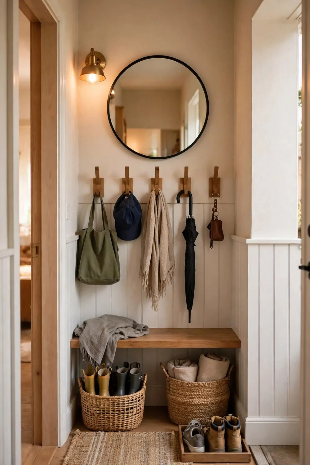 16 Mudroom Ideas for Busy Families With No Space to Spare 9 A round mirror on a narrow entryway wall above wooden hooks, warm light