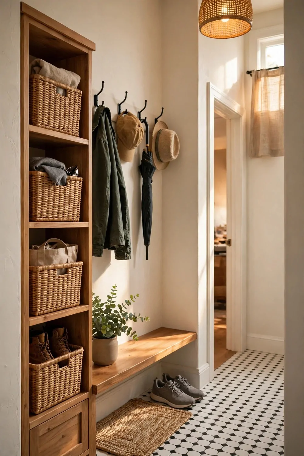 16 Mudroom Ideas for Busy Families With No Space to Spare 10 Narrow wooden cubbies with woven baskets in a small hallway, warm light