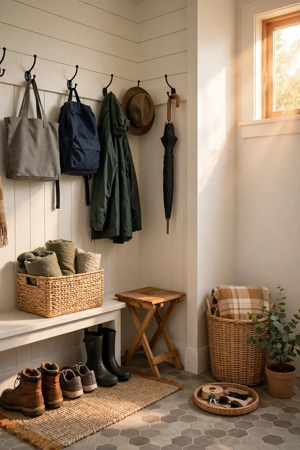 16 Mudroom Ideas for Busy Families With No Space to Spare 11 A small folding wooden stool tucked in a mudroom corner, warm light