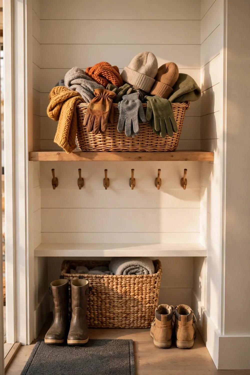 16 Mudroom Ideas for Busy Families With No Space to Spare 12 A woven basket of gloves, hats and scarves on a mudroom shelf, warm light