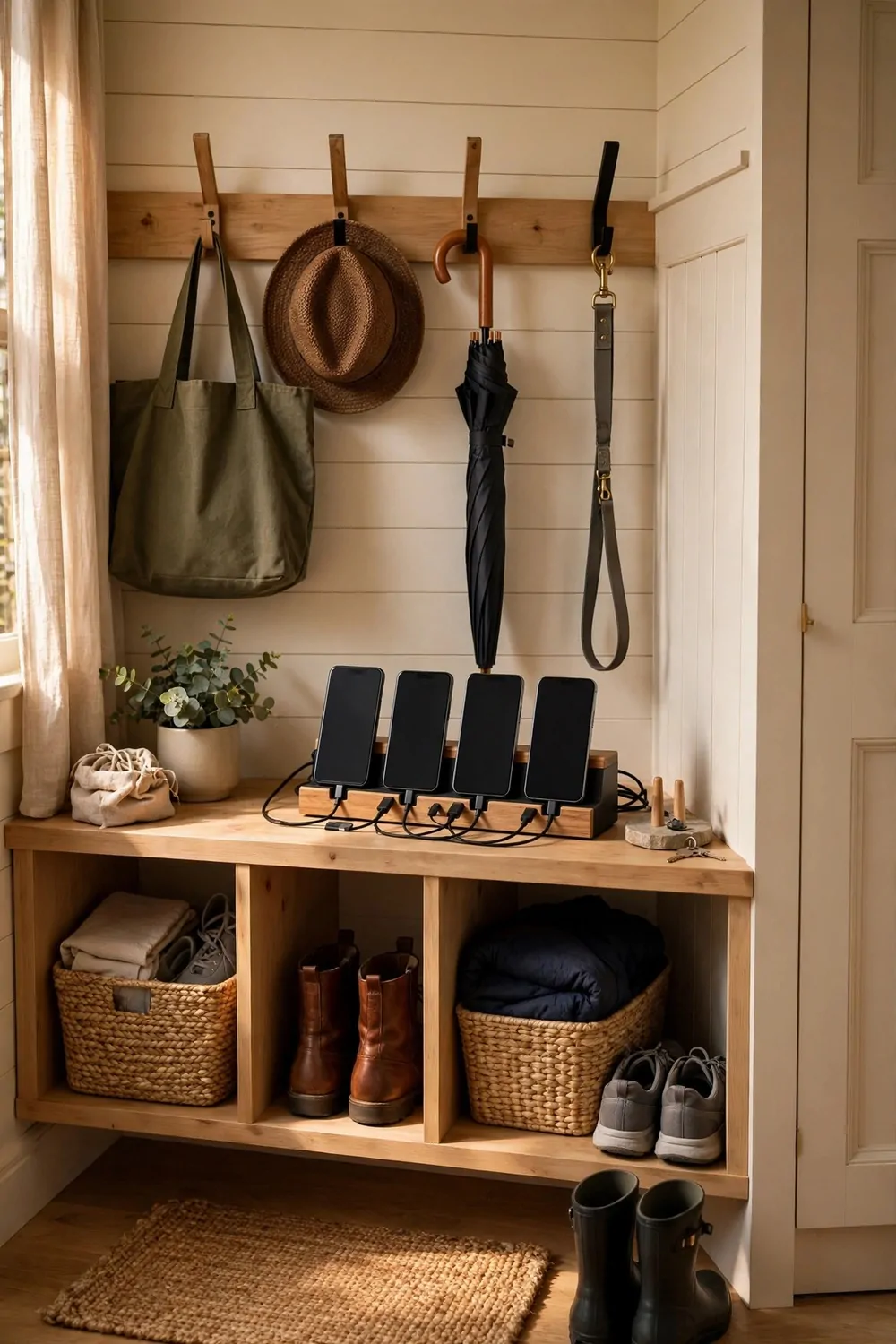 16 Mudroom Ideas for Busy Families With No Space to Spare 13 A small charging station with phones showing blank screens on a wooden shelf in a mudroom, warm light