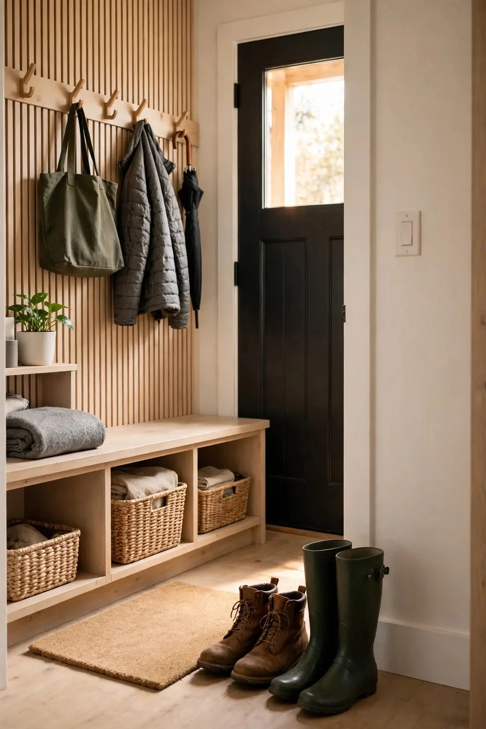 16 Mudroom Ideas for Busy Families With No Space to Spare 14 A small plain doormat at a mudroom door with boots beside it, warm light