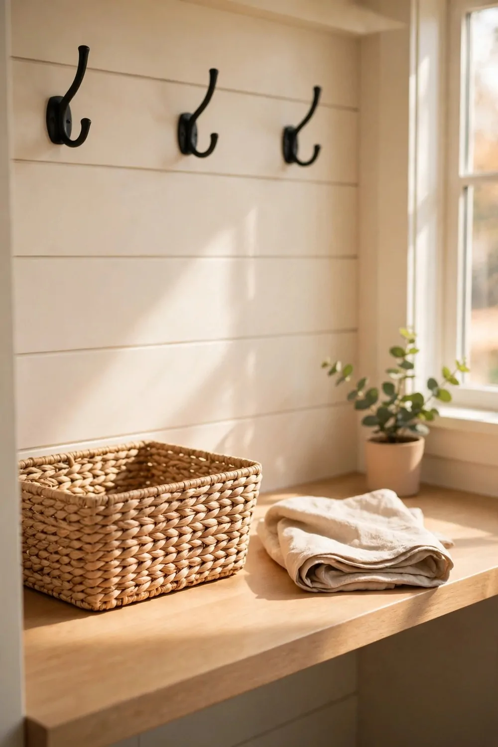 16 Mudroom Ideas for Busy Families With No Space to Spare 15 A clean tidy mudroom counter after a quick reset, empty basket and a cloth, warm light