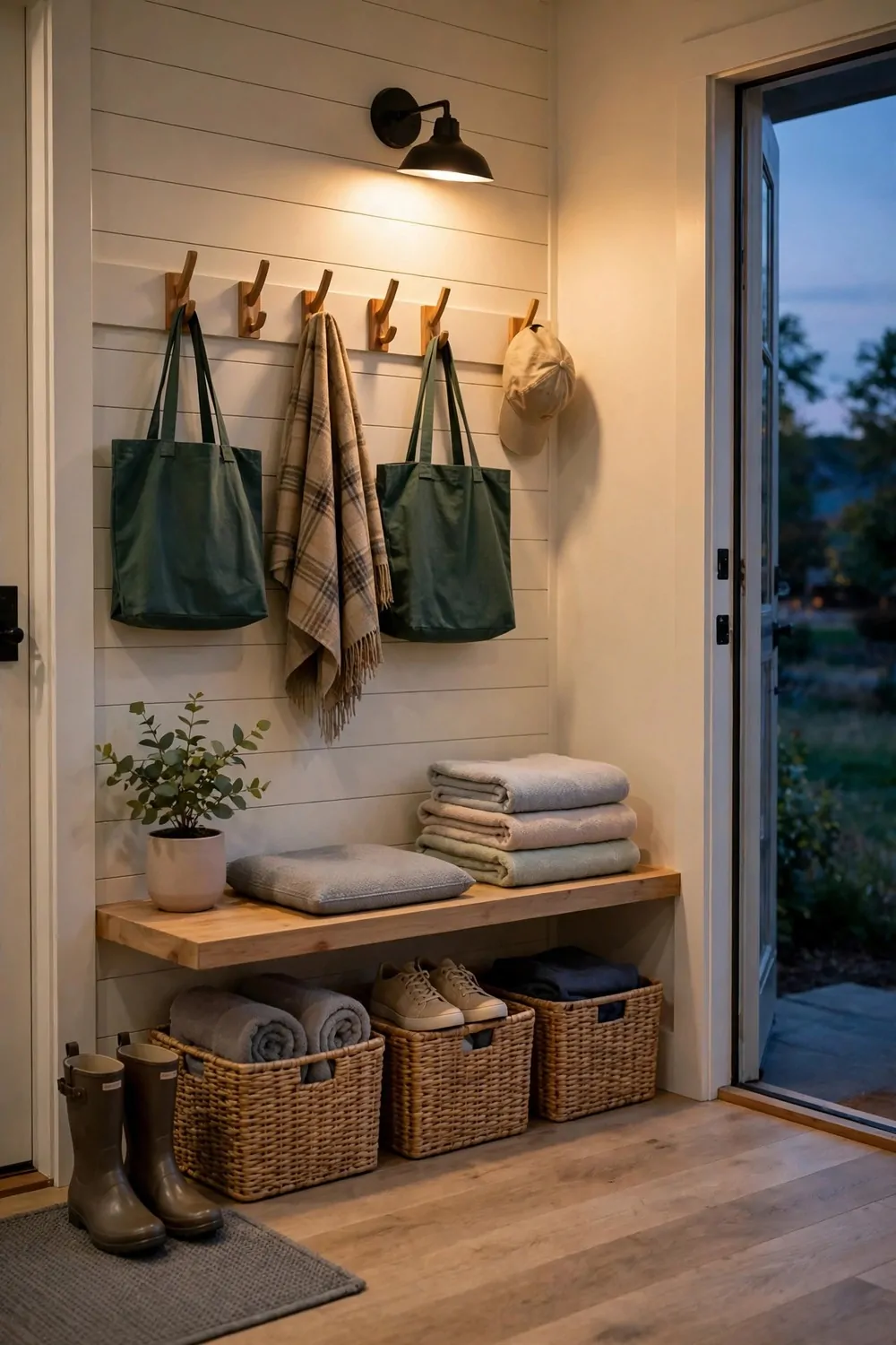 16 Mudroom Ideas for Busy Families With No Space to Spare 16 A mudroom at dusk with warm light, folded towels and a small plant, calm and tidy