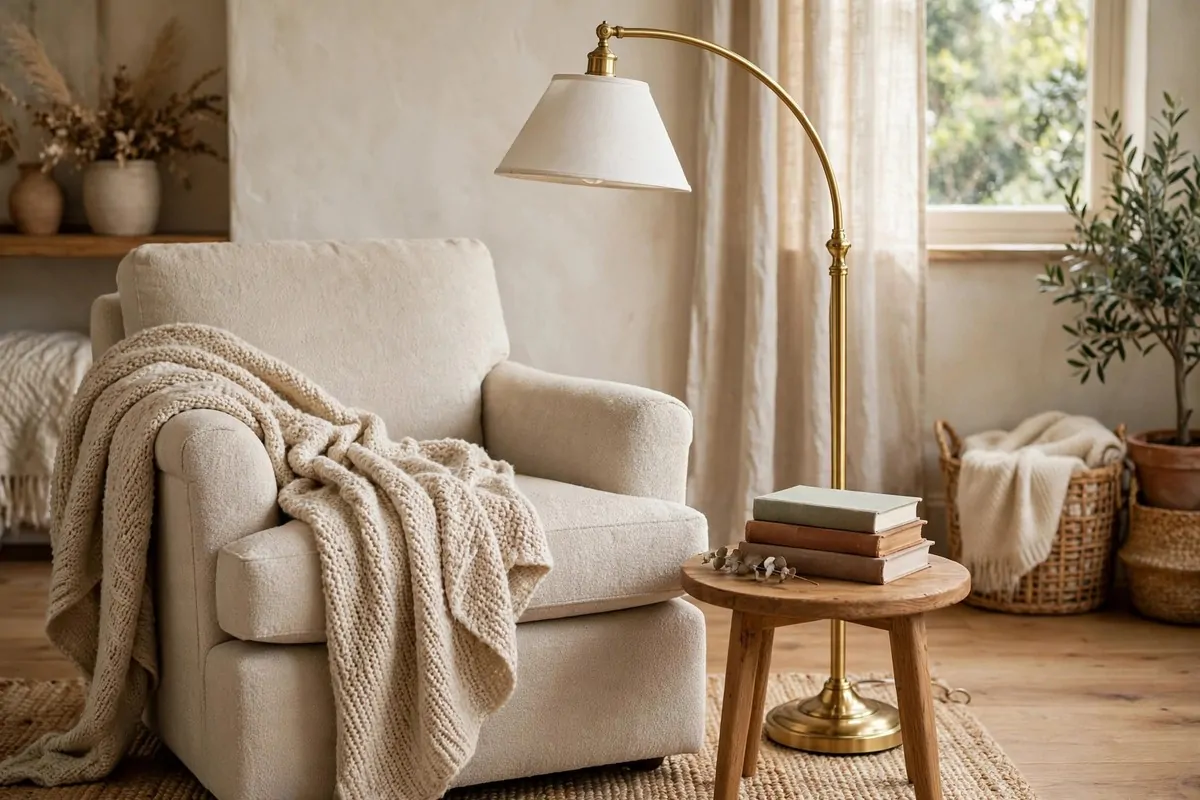 16 Office Reading Room Ideas Cozy Enough to Linger In 1 Upholstered reading armchair with a soft throw and brass arc floor lamp beside a small side table with books