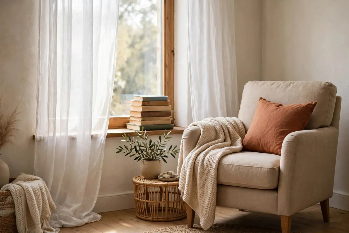 16 Office Reading Room Ideas Cozy Enough to Linger In 2 Comfortable reading chair beside a tall window with sheer curtains and a stack of books on the sill