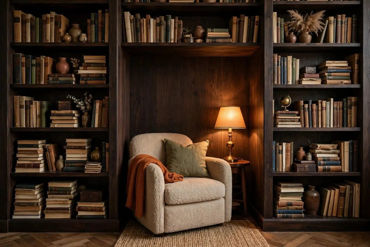 16 Office Reading Room Ideas Cozy Enough to Linger In 3 Cozy chair tucked into an alcove between two tall dark wooden bookshelves with a warm lamp
