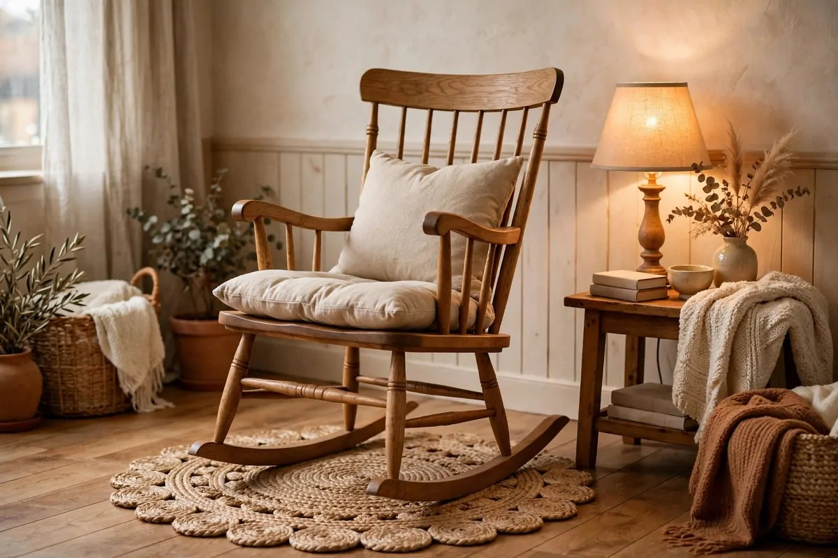 16 Office Reading Room Ideas Cozy Enough to Linger In 4 Wooden rocking chair with a soft cushion on a small braided rug beside a warm table lamp