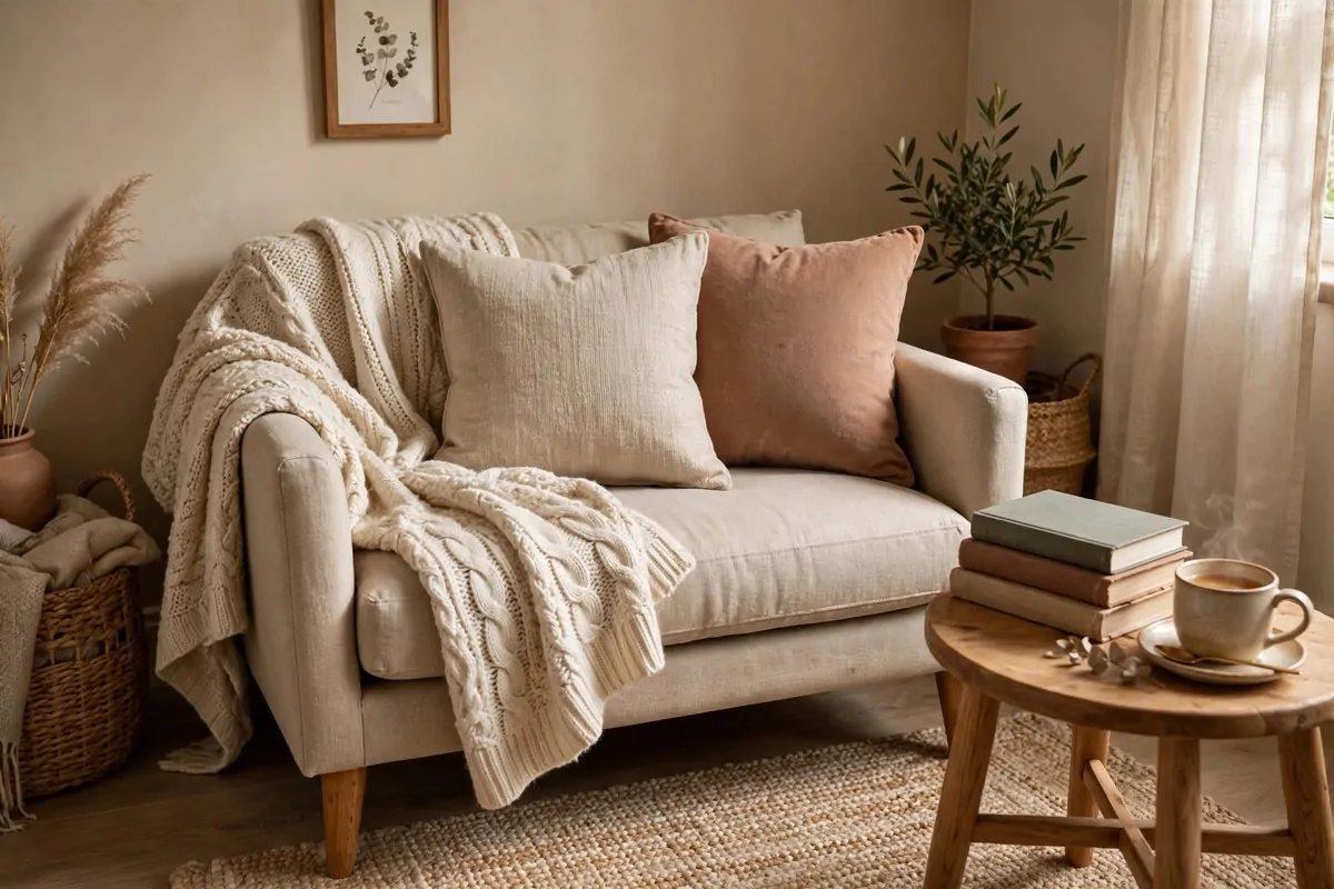 16 Office Reading Room Ideas Cozy Enough to Linger In 5 Small loveseat with cushions and a knit throw in a reading corner with a side table holding books and tea