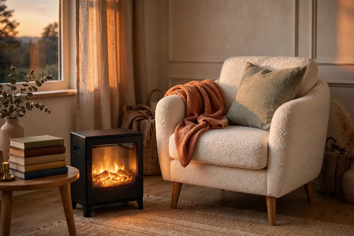 16 Office Reading Room Ideas Cozy Enough to Linger In 6 Armchair beside a small glowing electric fireplace heater with a stack of books on a side table