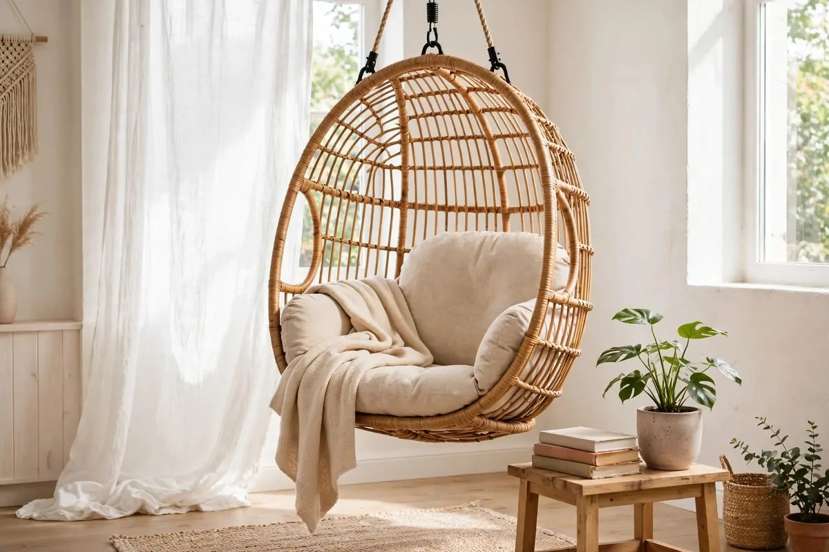 16 Office Reading Room Ideas Cozy Enough to Linger In 7 Hanging rattan egg chair with a soft cushion, books and a potted plant nearby in a bright corner