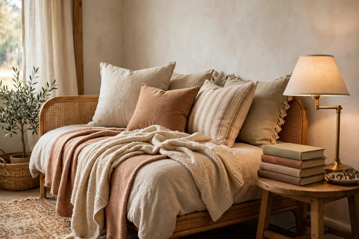 16 Office Reading Room Ideas Cozy Enough to Linger In 8 Daybed with layered pillows and soft throws, a small side table with books and a reading lamp