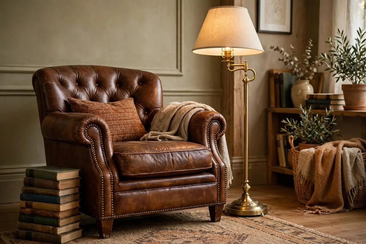 16 Office Reading Room Ideas Cozy Enough to Linger In 9 Vintage brown leather armchair with a brass floor lamp and old hardcover books stacked beside it