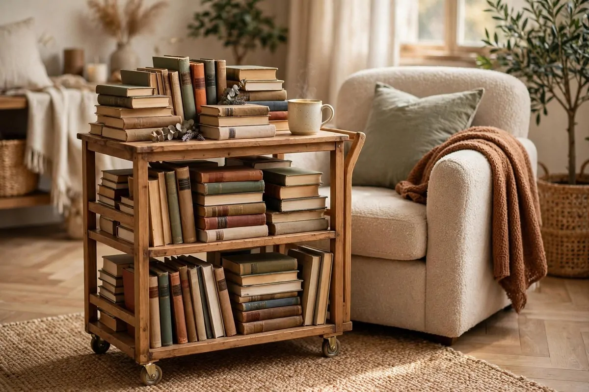 16 Office Reading Room Ideas Cozy Enough to Linger In 10 Small wooden rolling library cart filled with books parked beside a reading armchair with a cup of tea on top