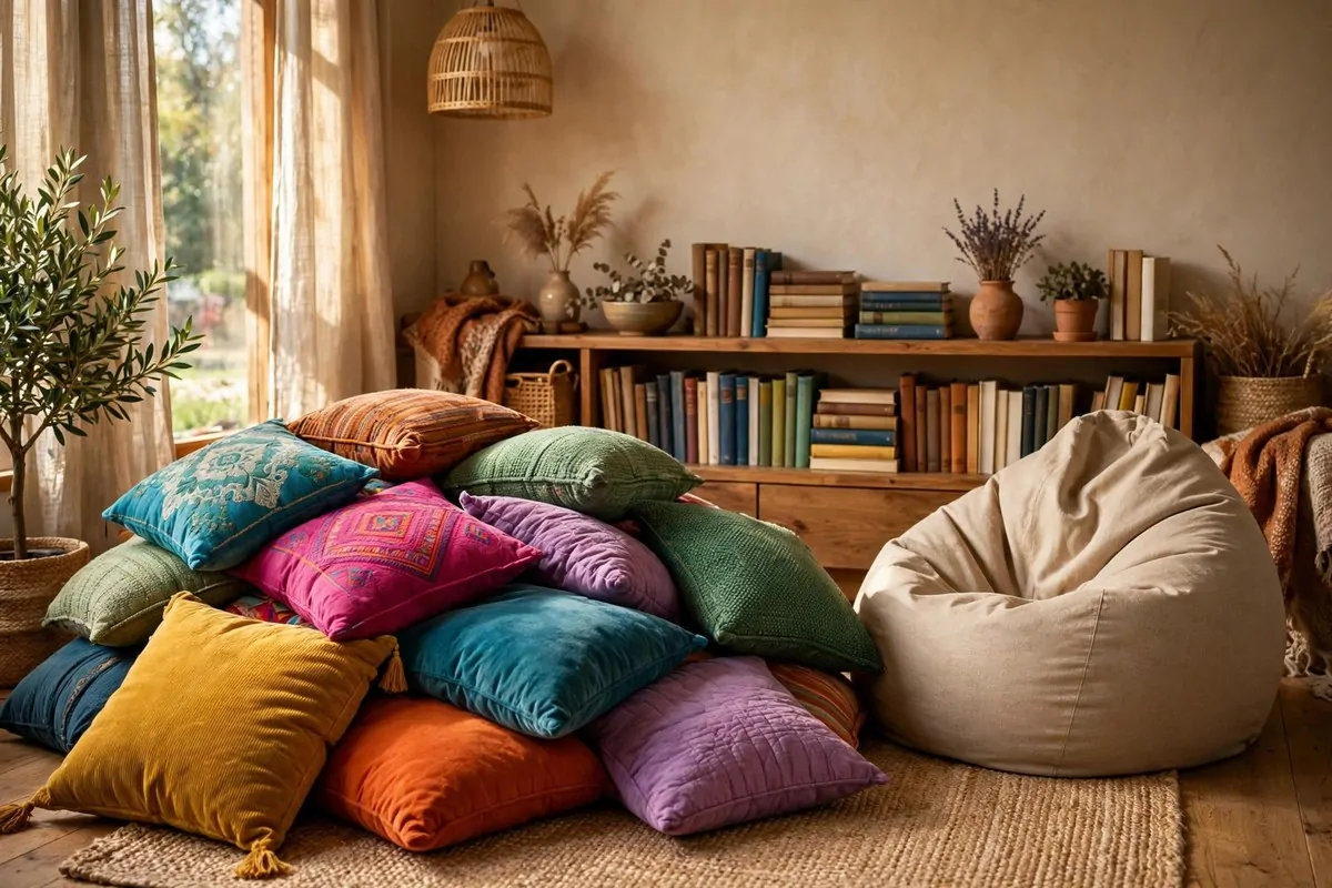 16 Office Reading Room Ideas Cozy Enough to Linger In 11 Pile of colorful floor cushions and a bean bag in a reading corner with a low wooden bookshelf
