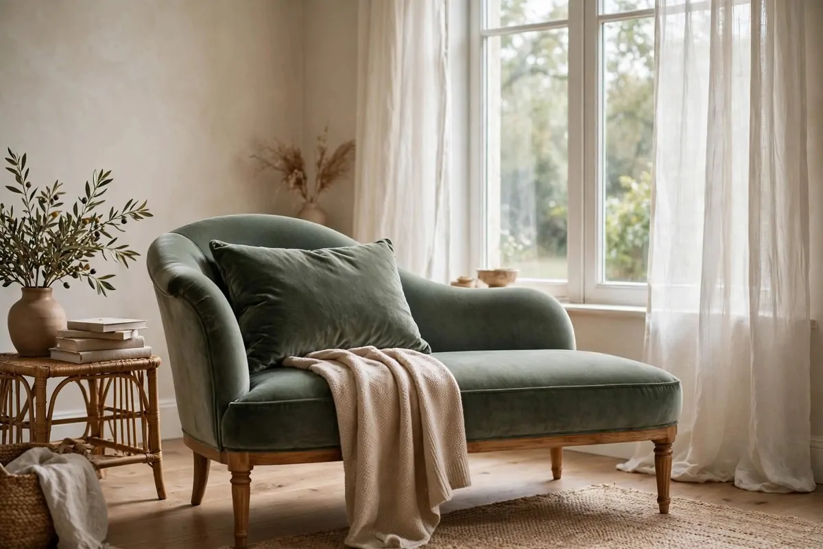 16 Office Reading Room Ideas Cozy Enough to Linger In 12 Elegant chaise lounge with a velvet cushion near a tall window with sheer curtains