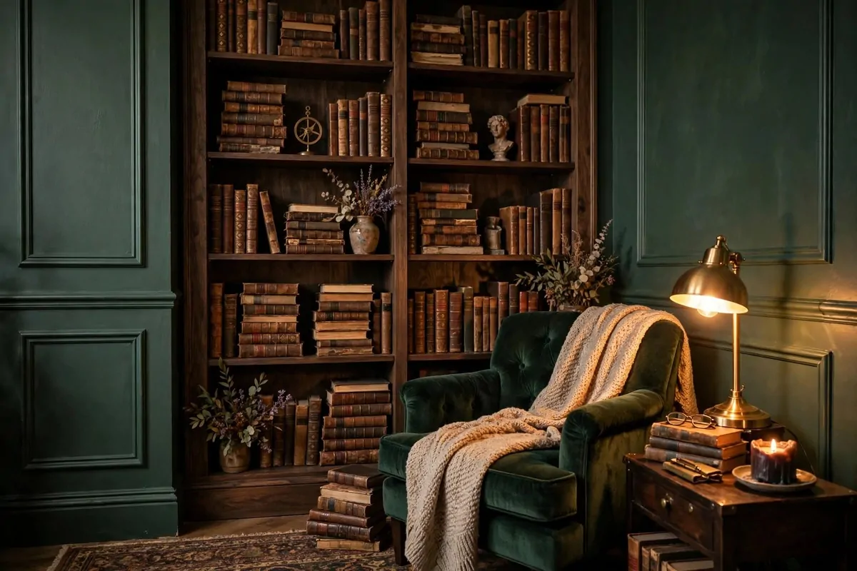 16 Office Reading Room Ideas Cozy Enough to Linger In 13 Dark academia reading corner with deep green walls, dark wooden shelves of old books and a glowing brass lamp