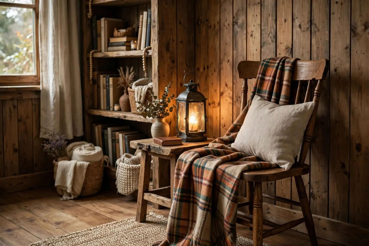 16 Office Reading Room Ideas Cozy Enough to Linger In 14 Rustic wood-paneled reading nook with a plaid throw on a wooden chair and a lantern-style warm lamp