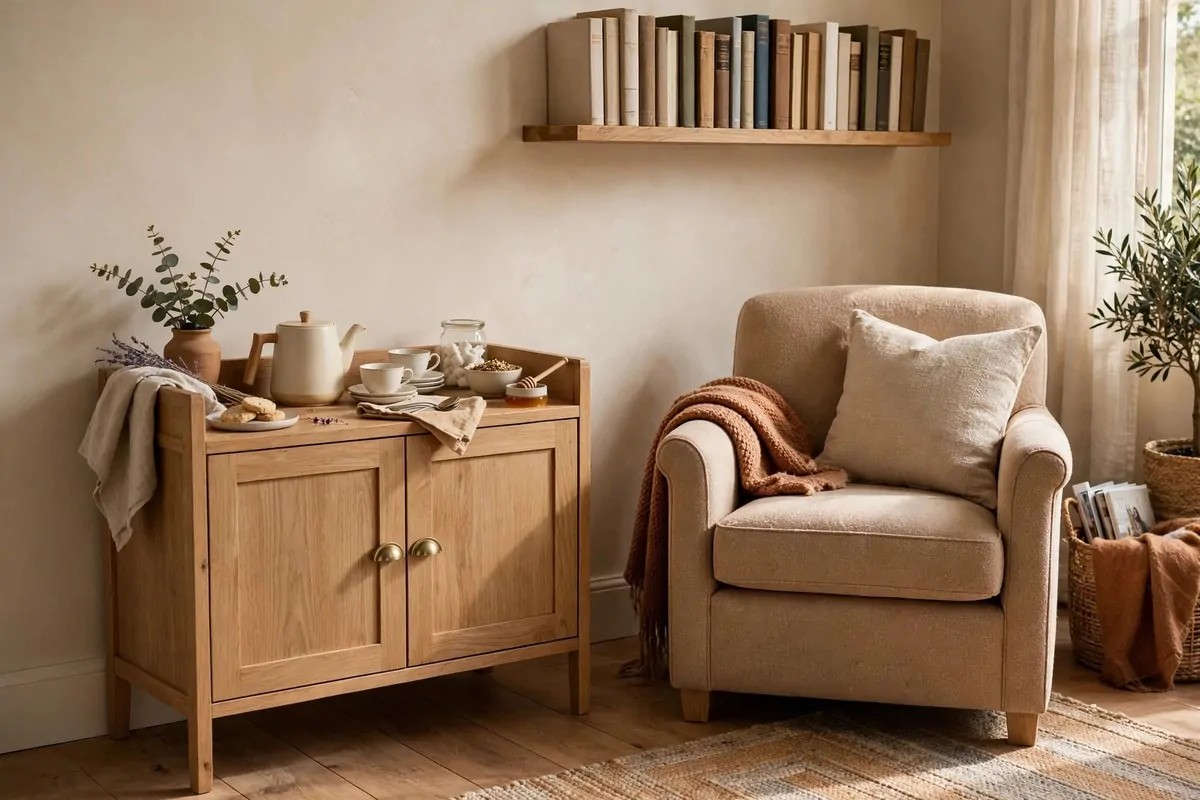 16 Office Reading Room Ideas Cozy Enough to Linger In 16 Small wooden sideboard tea station with teapot and cups beside a reading armchair and a bookshelf