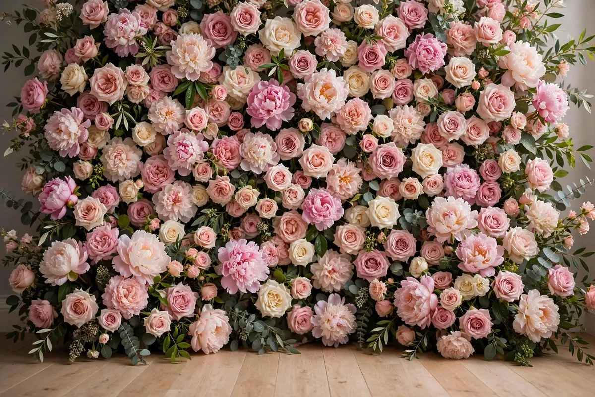 Wall of pink and cream roses for a romantic studio backdrop