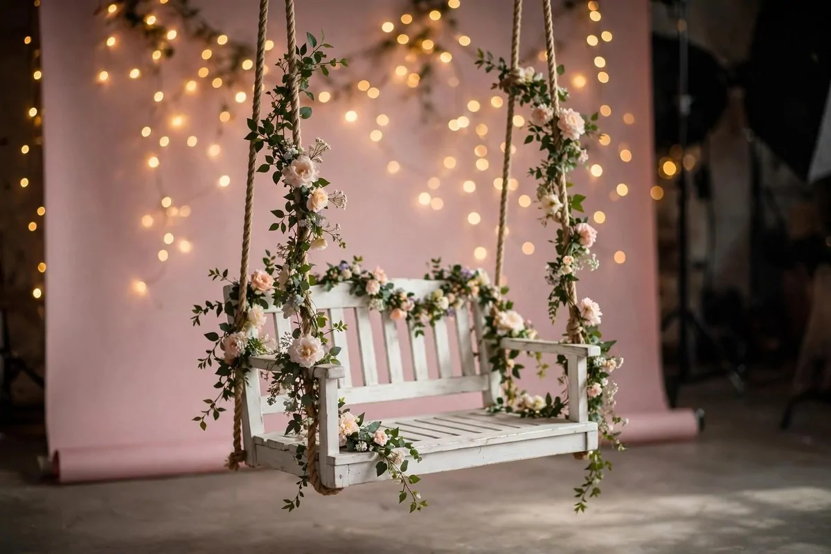 Wooden garden swing with floral vines inside a photo studio