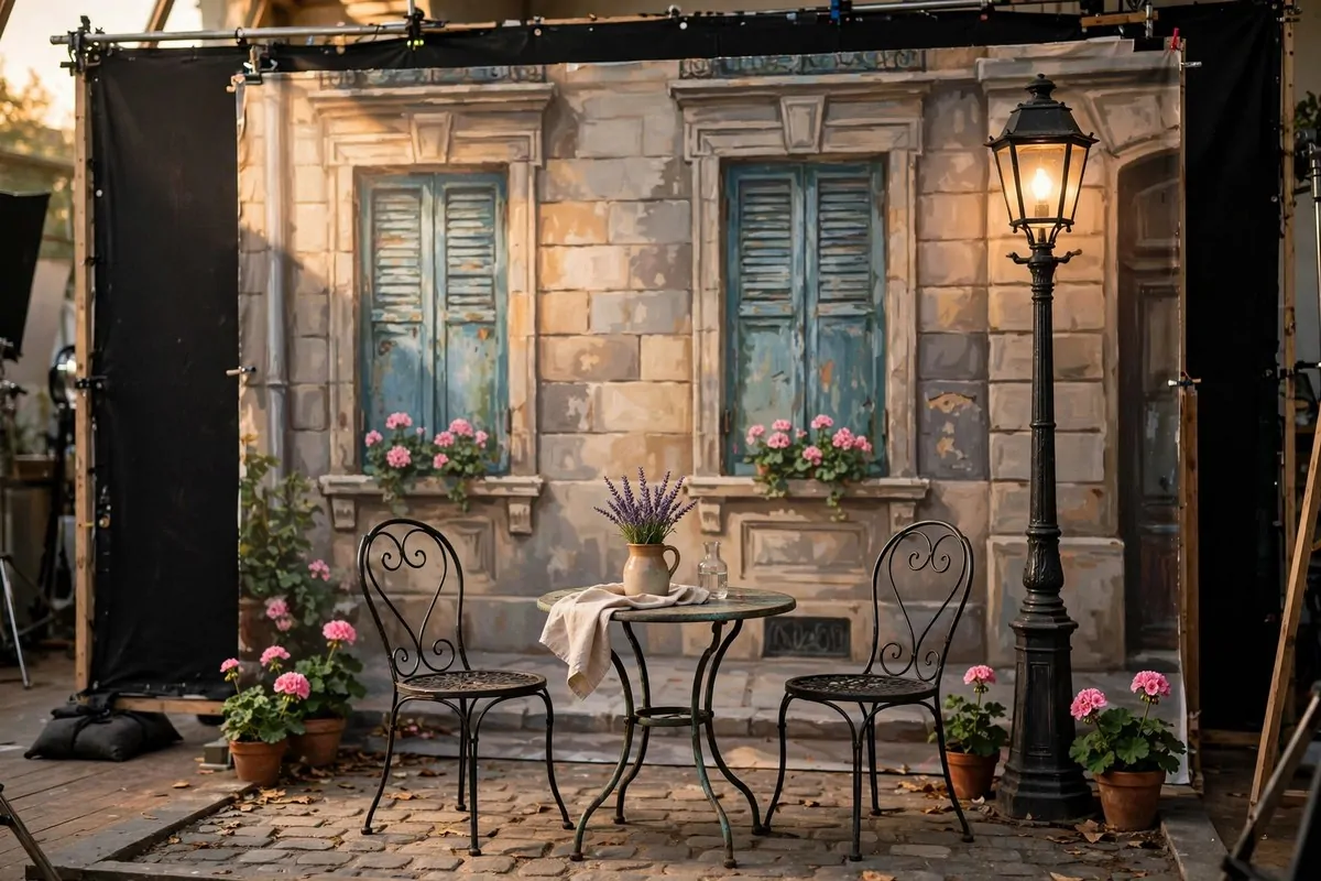 Paris street studio set with a bistro table and glowing lamppost