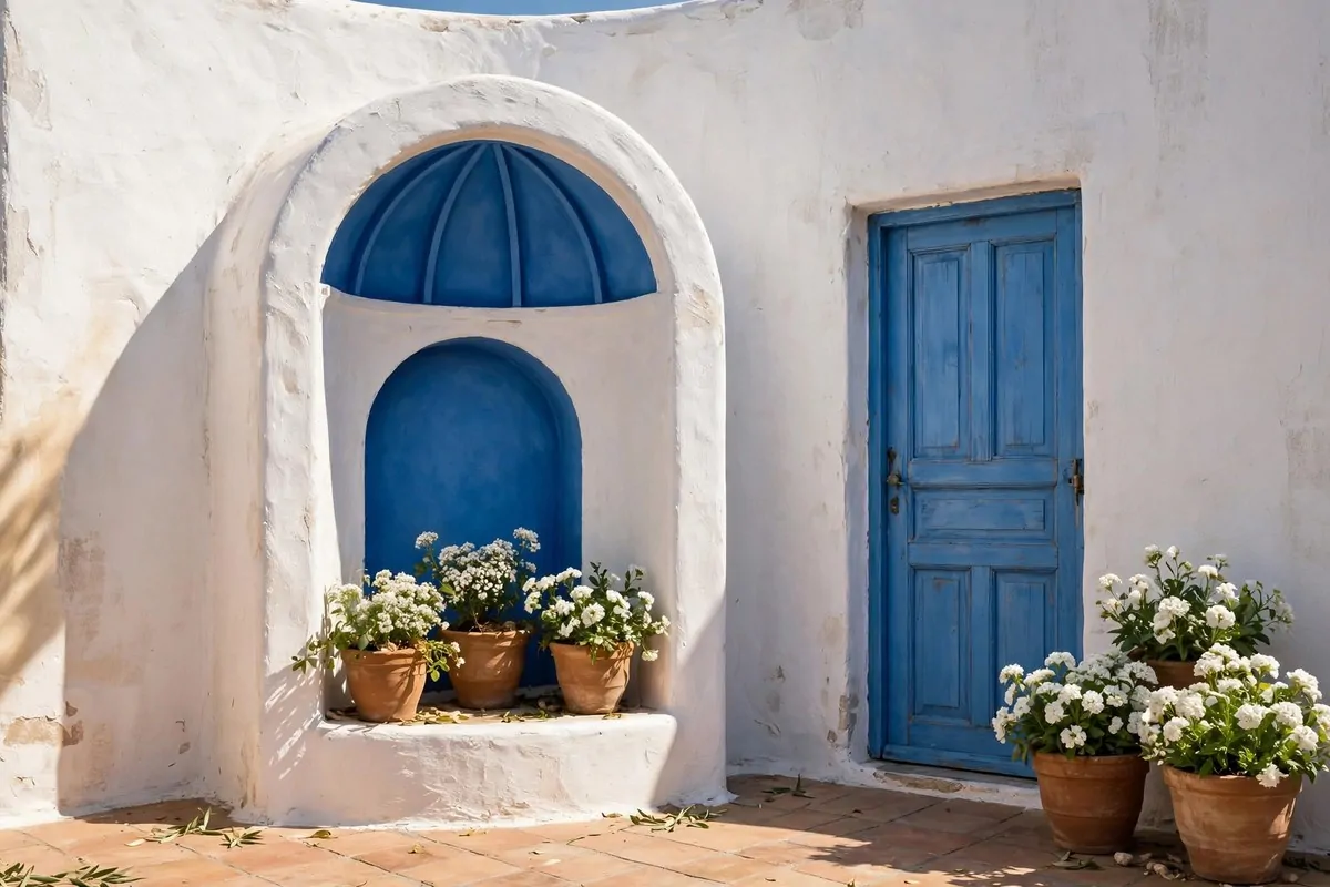 Greek island studio set with white walls and a blue dome arch