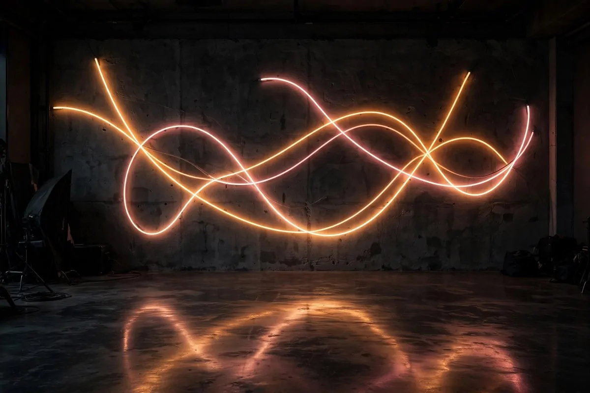 Dark studio wall with warm neon light tubes glowing