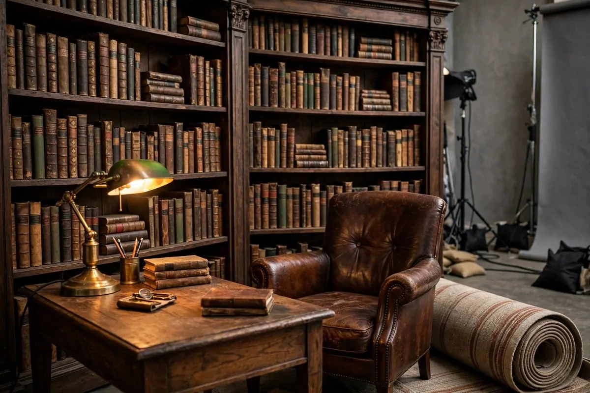 Vintage library corner with wooden shelves and a warm lamp