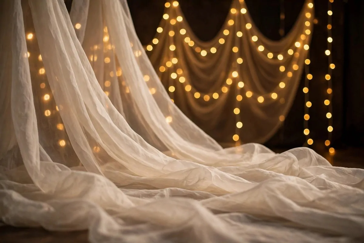 Curtain of warm fairy lights glowing behind sheer fabric