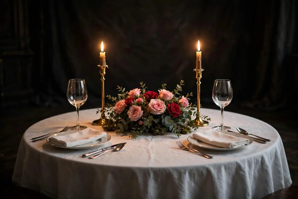 Candlelit dinner table for two with roses and wine glasses