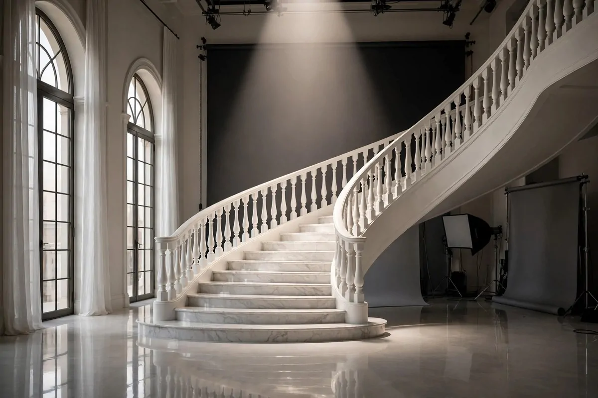 Grand curved marble staircase with dramatic light
