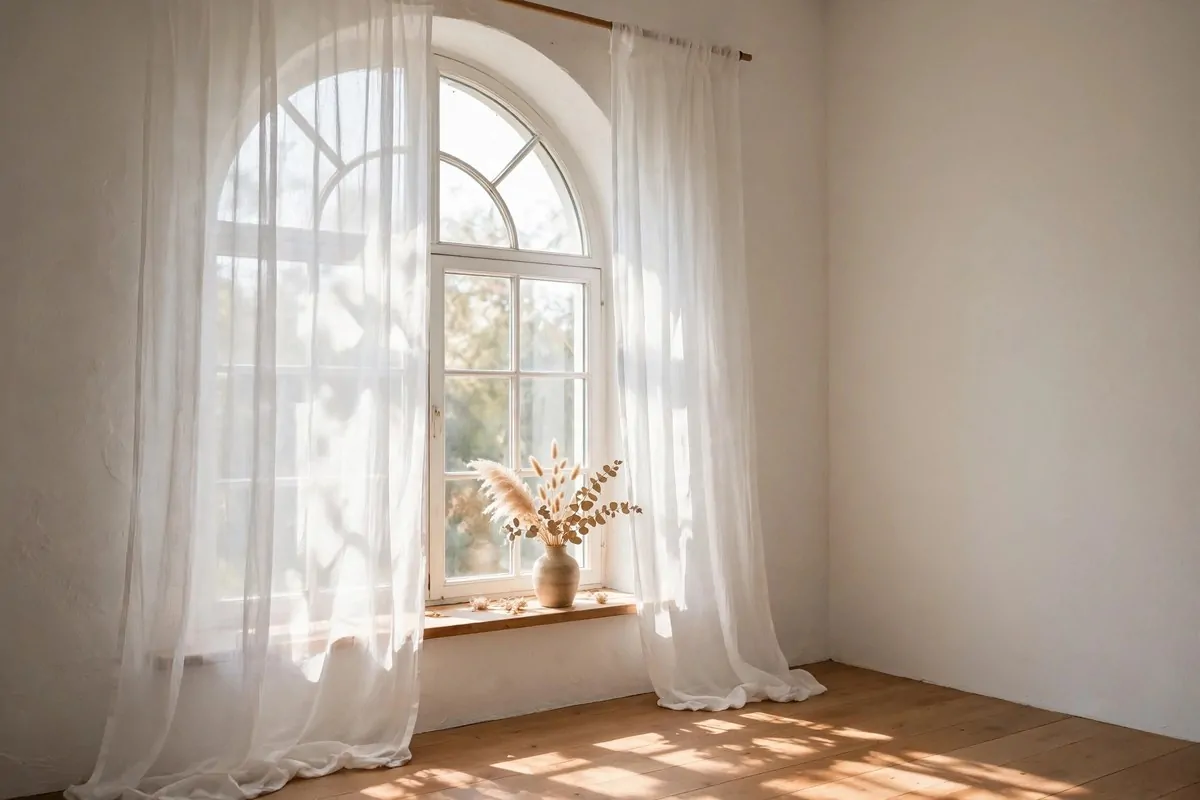 Tall arched window with sheer curtains and streaming daylight