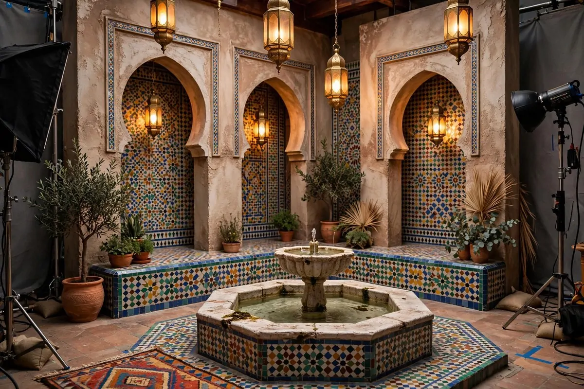 Moroccan courtyard studio set with mosaic tiles and glowing lanterns