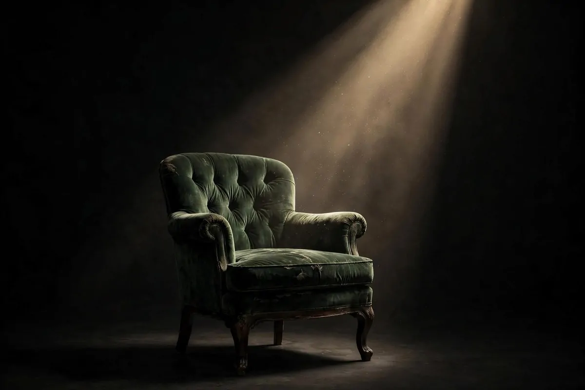 Black studio backdrop with a single dramatic spotlight on a velvet chair