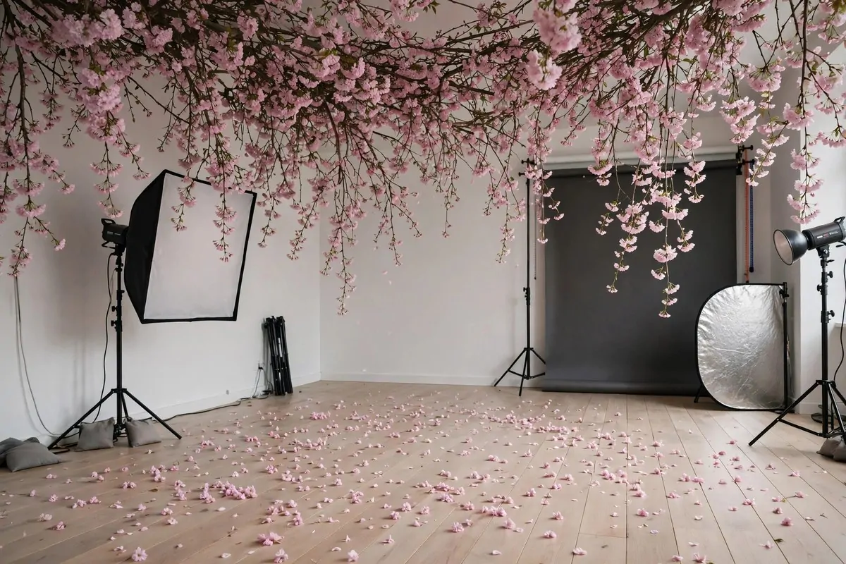 Cherry blossom canopy with pink petals in a photo studio