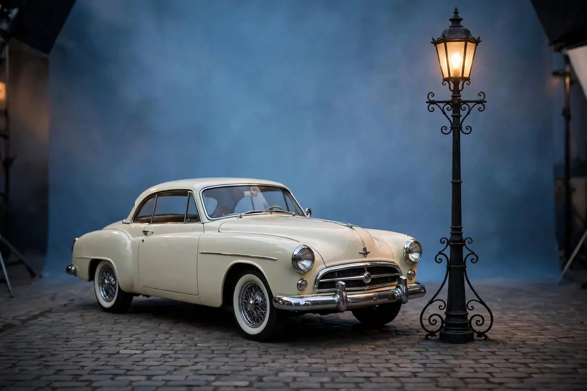 Vintage cream car with a glowing lamppost in a studio set