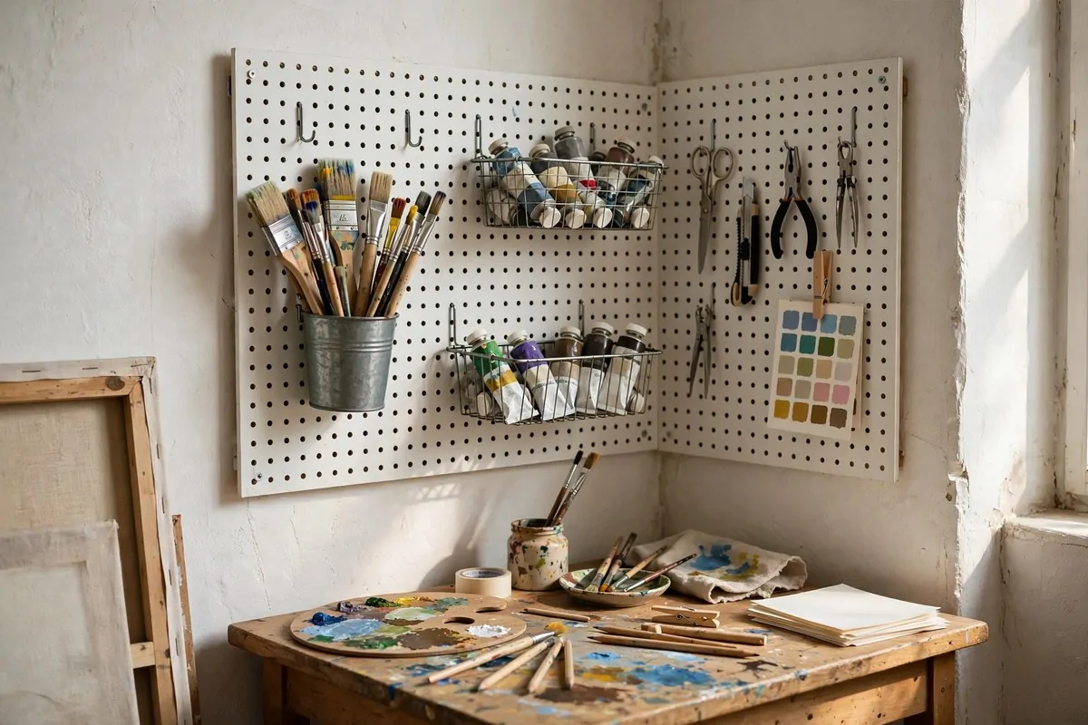 Pegboard wall in a tiny art studio space with hanging brushes, scissors and jars