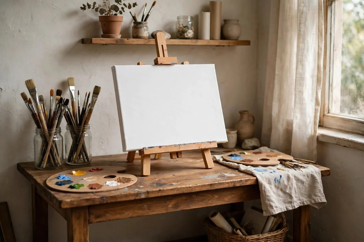 Small tabletop easel holding a canvas on a desk in a tiny art studio space