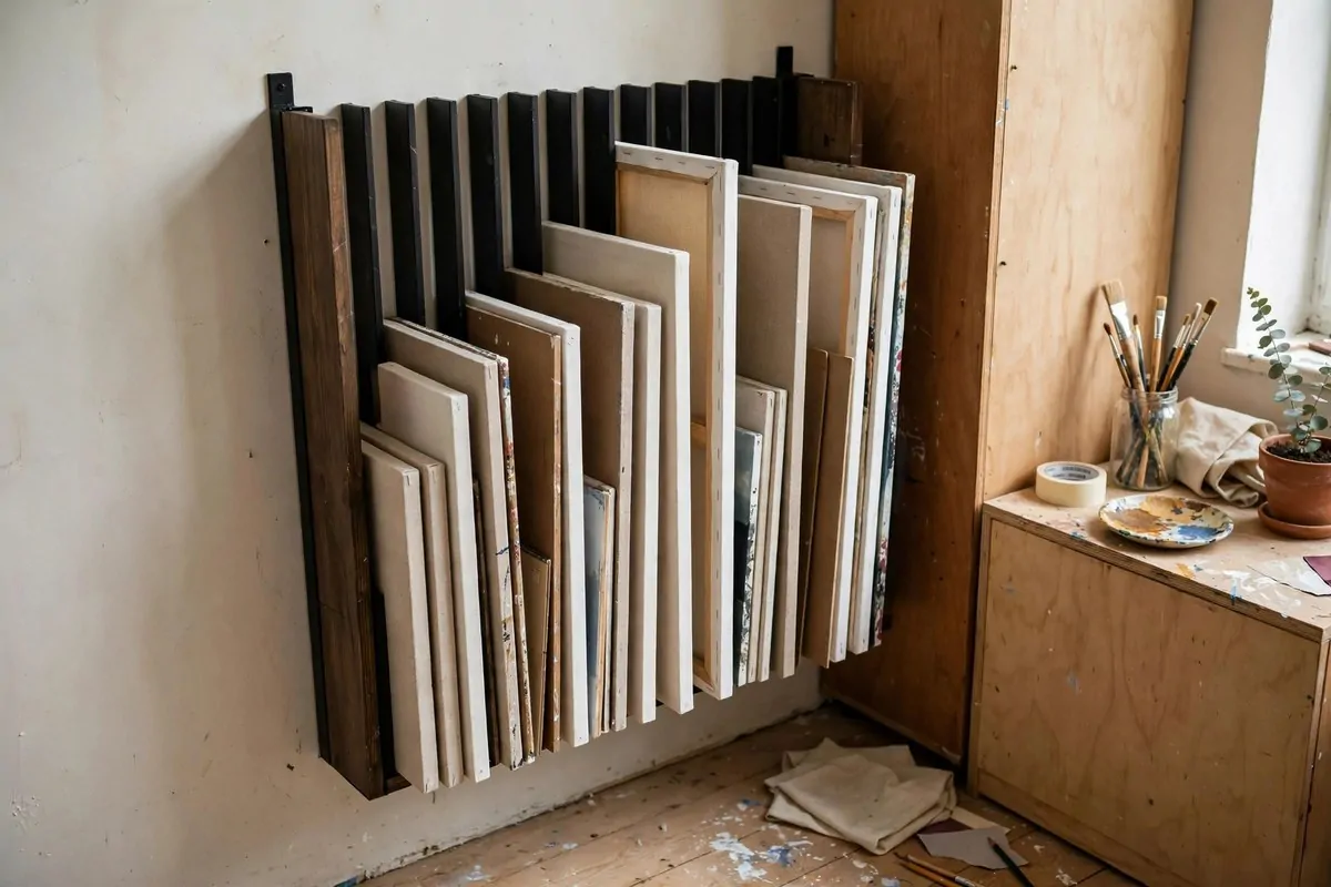 Vertical wall rack storing canvases and art boards in a tiny art studio space