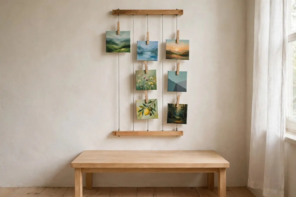 Wall-mounted drying rack with paintings clipped upright in a tiny art studio space