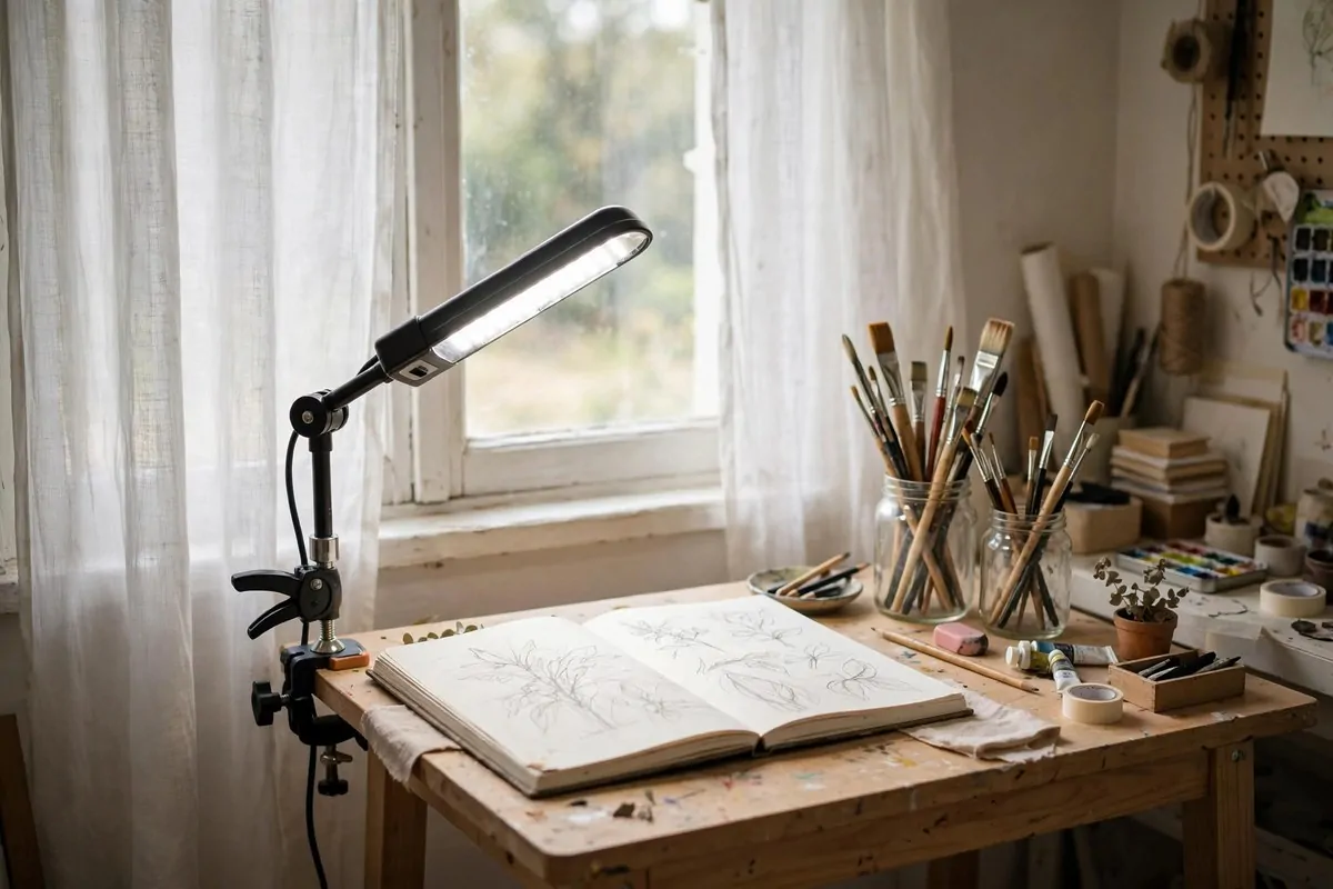 Small desk by a bright window with a daylight LED lamp in a tiny art studio space