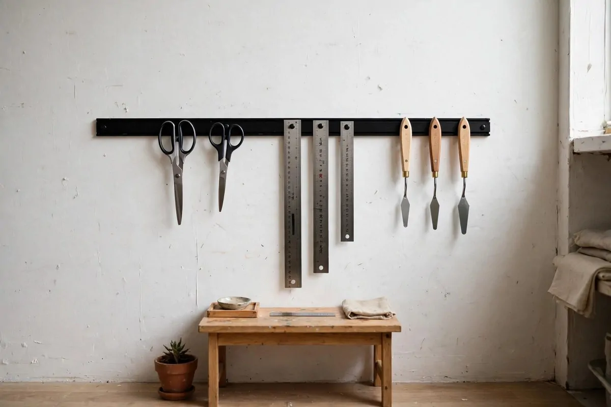 Magnetic strip on the wall holding scissors and palette knives in a tiny art studio space