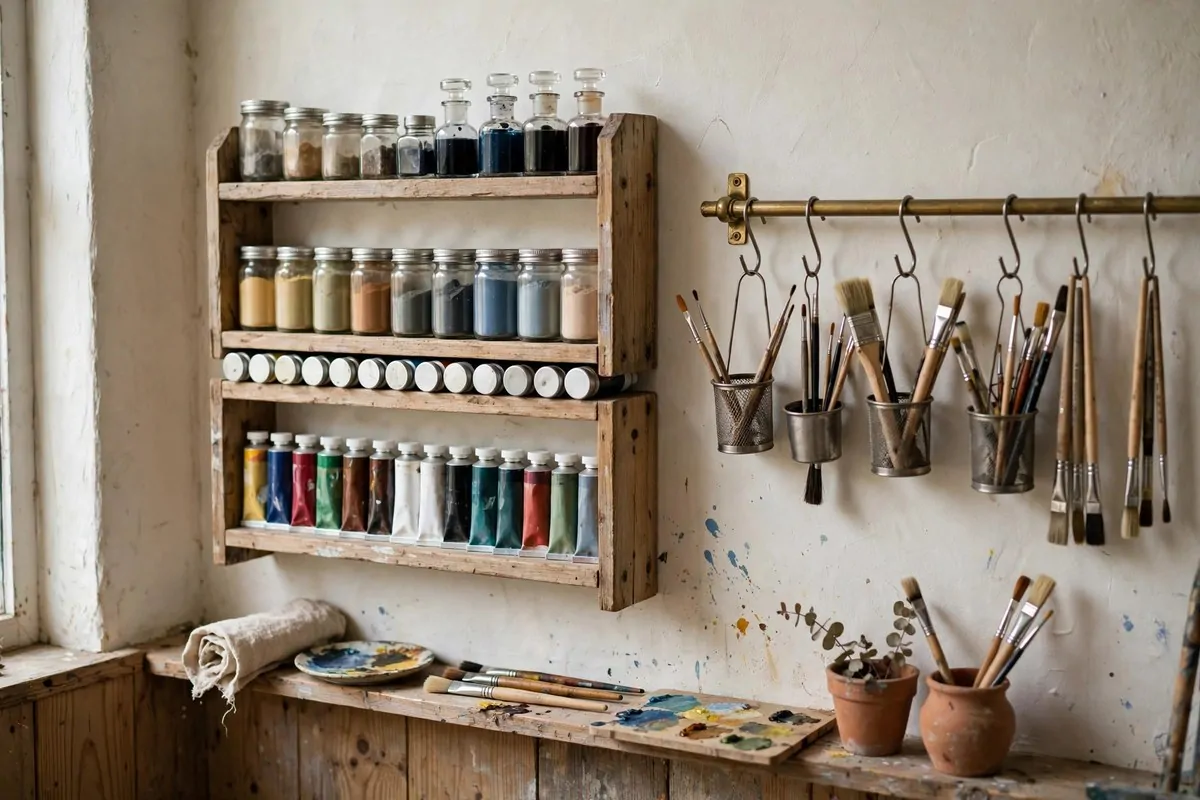 Wooden spice racks on the wall holding paint jars and brush cups in a tiny art studio space