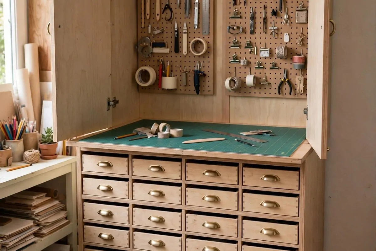 Tall craft cabinet with drawers and pegboard doors in a tiny art studio space